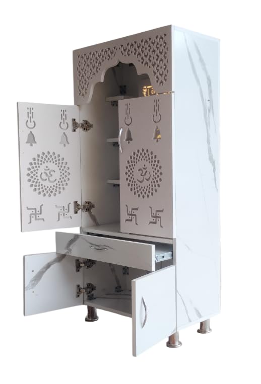 Image of Beautiful Home Temple /Pooja Mandir with Led Lights (Pre Assembled) Engineered Wood Home Temple (Height: 130, Pre-Assembled)|White