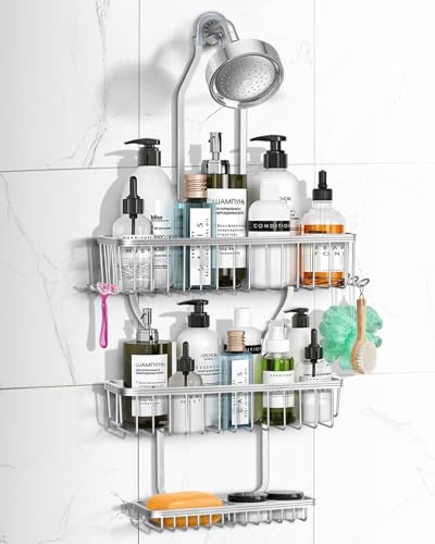 MSAICOE Shower Caddy Hanging - Never Rust Shower Hanging Organizer - Aluminum Over the ShowerHead Caddy with 6 Hooks for Razor/Sponge (Silver)