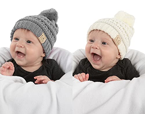 Image of Funky Junque Beanie Infant Baby Skull Cap Hat (POM) Bundle - Ivory & Heather Grey (2 Pack)