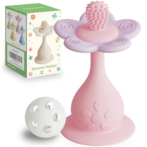 Bonfaran Silicone Baby Teething Toy Flower Teether & Rattle for Infant Multi-Texture 360 Teething Relief Anti-Choking Guard Stand-Up Base Food Grade BPA-Free Sensory Toy 024 Months (Pink)