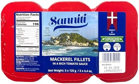Sanniti Mackerel Fillets in a Rich Tomato Sauce | Super Food | High in Protein | High in Omega 3, 4.4 oz (Pack of 3)