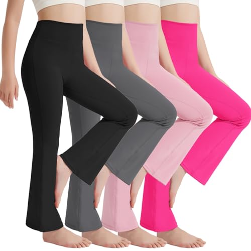 EXARUS 4 Pack Girls Flare Leggings Kids Yoga Pants Bell Bottoms High Waisted for School Casual Black Grey Pink Hot Pink 12Y