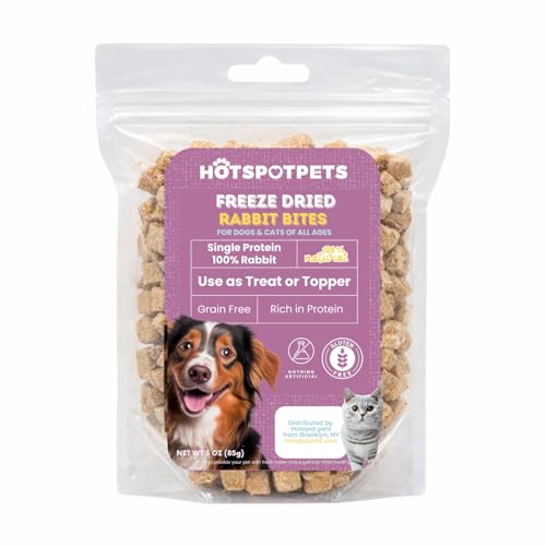 hotspot pets Freeze Dried Rabbit Treats for Dogs & Cats – Raw Single Ingredient Rabbit Bites – High Protein Training Rewards & Food Topper – Grain Free, Low Calorie, Made in USA – (3 Ounce~100+pcs)