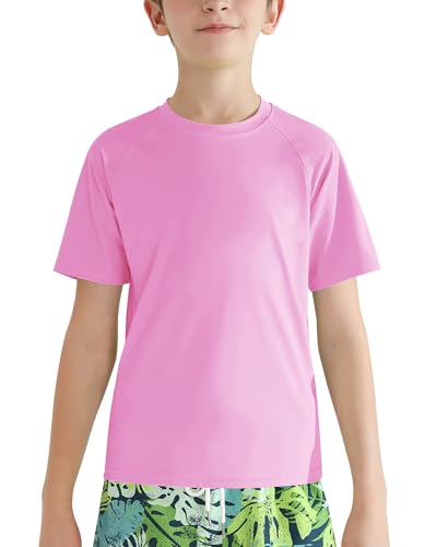 Valcatch Boy's Girls UPF 50+ Rash Guard Swim Shirts Kids Teens Quick Dry Athletic Short Sleeve T Shirt UV Fishing Surfing Water Beach Tops Running Workout Gym Active Tee Shirt Pink