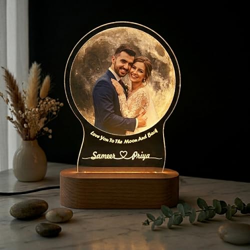 Image of Moon LED Photo Lamp with Wooden Base | Custom Couple Picture Night Light with Name Engraving | Romantic Gift for Anniversary, Wedding, Valentine, Birthday Brother Sister