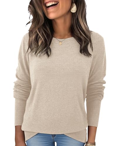 Womens Wool Blend Pullover Sweaters Crew Neck Classic Dressy Elegant Long Sleeve Fall Winter Sweater Top Apricot