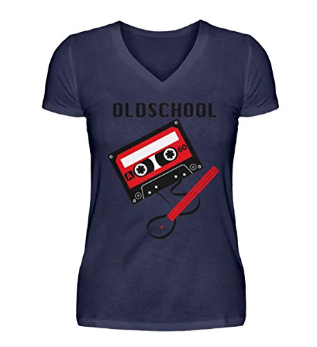 T-shirt col en V bleu marine Generisch pour femme motif Oldschool Tape en taille L