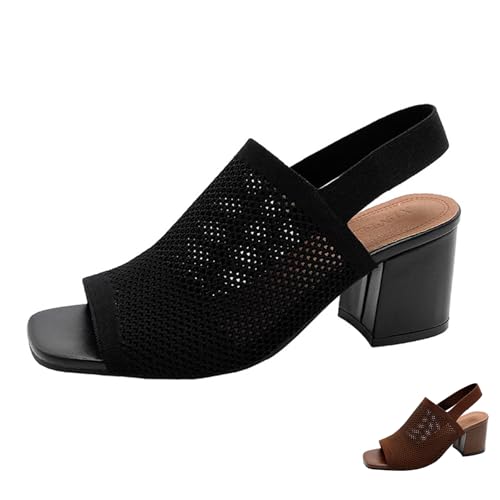 Women's Knit Peep Toe Chunky Block Heeled Sandals with Ankle Strap Fashion Cut Out Open Square Toe Backless Slip On High Heels Summer Casual Work Office Wedding Dressy Pumps