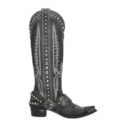 YUMALI Mujeres Zapatos Moda Retro Remache PU Cuero Botas De Caballero Con Cremallera Lateral Múltiples Tamaños Western Cowboy Boots Zapatos (Black,36)
