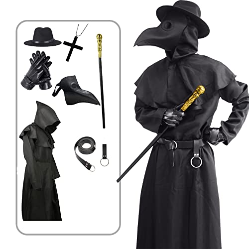 ATTBEA Halloween Costume Compatible for Plague Doctors with Bird Beak Mask Black Cloak Robe with Hood Medieval Monk Cosplay for Men priest Adults