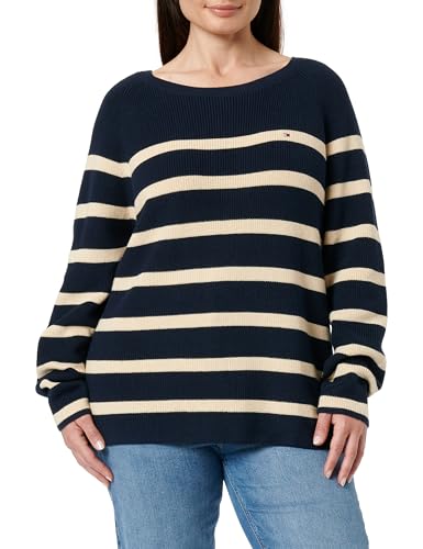 TOMMY HILFIGER CO CARDI FINE GG LS BOAT-NK SWT WW0WW44975 - Chaqueta para mujer, color blanco, talla M, Blanco (White Stripe 27), M