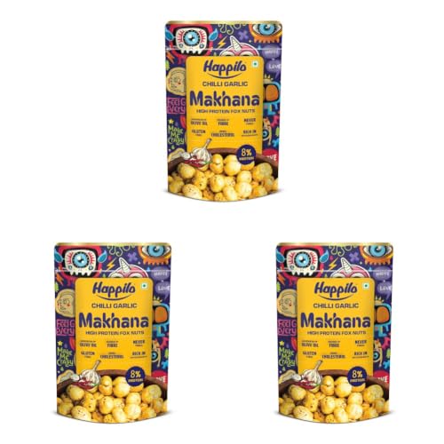 Image of Happilo Premium Super Snack Makhana Chilli Garlic 55g | Roasted Foxnuts, Phool Makhana | Healthy Snacks | Low Calorie, Vegan, Spicy & Tasty (Pack of 3)