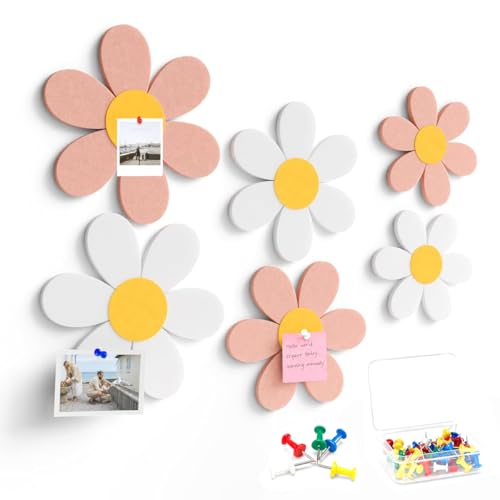 Image of Climberty 6PCS Flower Felt Bulletin Board Set with 50 Push Pins, Daisy Pin Board Wall Tiles in 3 Sizes for Photo Display, Notes, Memo Organizer, Bedroom Nursery Office Decor
