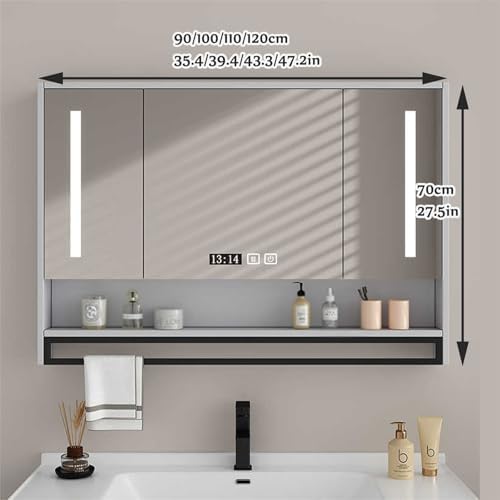 Wall-Mounted Bathroom Cabinet with Mirror, Defogging Feature, Solid Wood, Versatile Use, Elegant White Finish, 90x70cm (35.4x27.5in) - Perfect Storage Solution for Any Bathroom