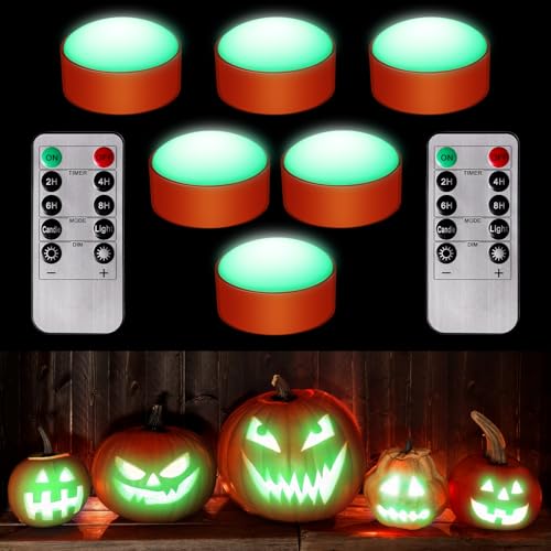 Image of Riakrum 6 Pieces Halloween Remote Timer LED Lights with Remote Summer Halloween LED Pumpkin Lights Battery Operated Lantern Bright Flameless Candle(Orang, Green Light)
