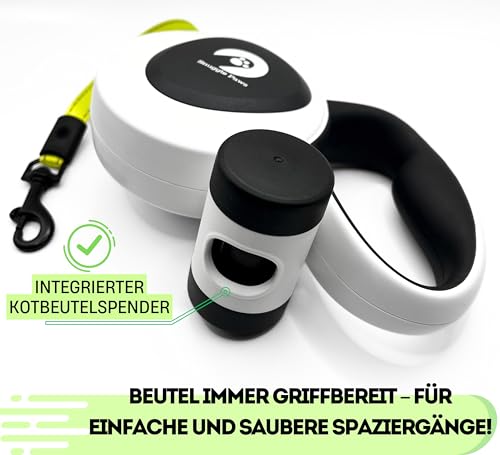 Snuggle Paws Hundeleine 5m Ausziehbar – Alles-in-Einem: Verbesserter LED-Lampe, Kotbeutelspender, Anti-Kau-Stahlseil & Reflektierendem Gurtband | Rollleine für Große Hunde bis 50kg