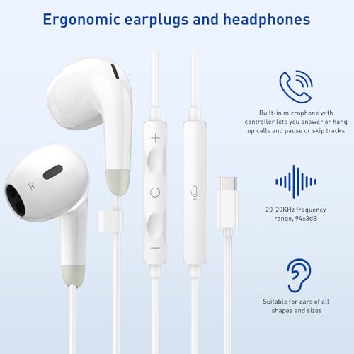 Image of USB C Headphones for iPhone 17 16 15 Pro Max, 2 Pack Wired Earbuds USB C Wired Headphones with Microphone & Remote, Noise Isolating Earphones for iPad Pro /iPad Air, Galaxy S25 S24 S23 Ultra