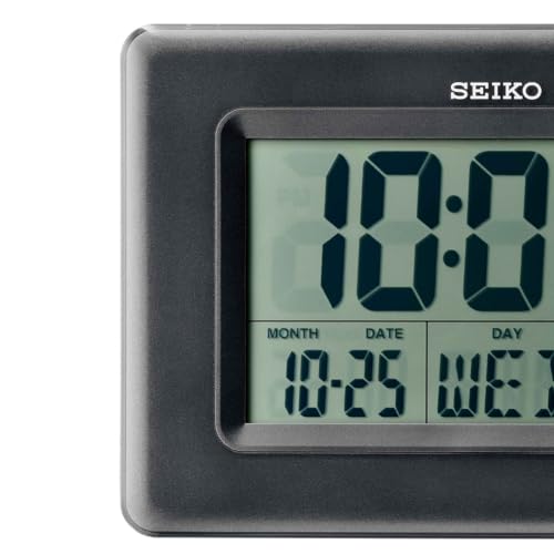 Image of Seiko Elegant Rectangular Black Plastic Digital Alarm Table Clock with Calendar, Hygrometer and Thermometer (Size: 25 x 2.7 x 17 CM | Weight: 480 gram | Color: Black)