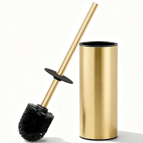 Image of Toilet Brush and Holder Set, NEWRAIN 304 Stainless Steel Toilet Brush with Long Brush Handle, Brushed Gold Toilet Scrubber and Covered Holder, Round Design Sturdy and Space Saving, Covered Brush