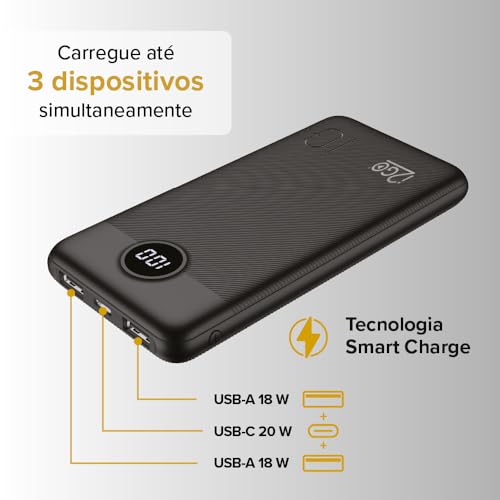 I2GO, Carregador Portátil (Power Bank) Ultra Rápido 10000mAh, Power Delivery 20W, 2 Saídas USB + 1 S