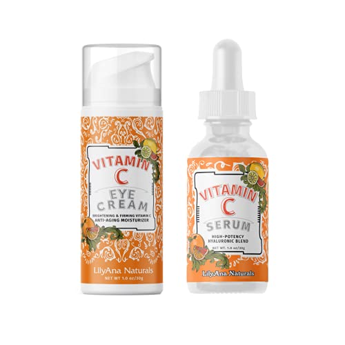 LilyAna Naturals Vitamin C Eye Cream 1 Oz and Vitamin C Serum 1 Oz Bundle - Anti-Aging Cream for your Eyes and Face Serum with Hyaluronic Acid and Vitamin E, Reduces Age Spots and Sun Damage,