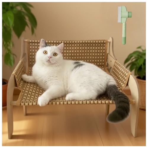 猫用ラタンハンモックベッド 天然素材 夏用クールソファ【日本語の取扱説明書が付属】 通気性 木製フレーム 耐爪加工 犬猫兼用 取り外し可能カバー 簡単お手入れ 屋内/屋外 全天候型 四季通用 ペットハウス&遊び場 防湿設計 小型犬対応 ペットブラシ付き (