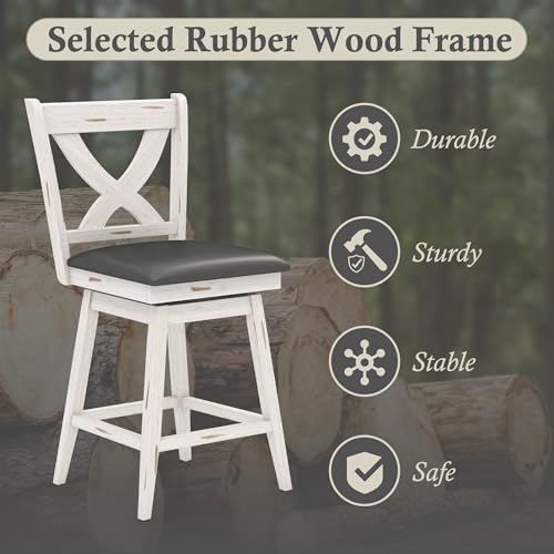 Image of Swivel Bar Stools Set of 2, Farmhouse 24 inch Counter Height Barstools with X Carved Backs, Wooden Bar Chair with Solid Wood Legs & Footrest for Kitchen Island, Home Bar, Pub. Antique White