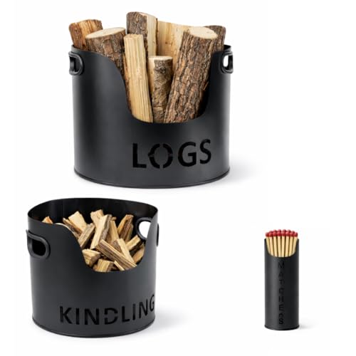 Premium Black Metal Log Holder Kindling & Matchstick Holder Set Stylish Fireside Accessories for Home Fireplace & Wood Burner Indoor Firewood Storage & Fire Equipment Organizer