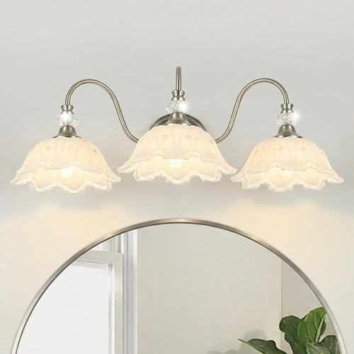 Image of Brushed Nickel 3-Light Bathroom Vanity Light with Floral White Glass Shades, Brushed Nickel Wall Mount Lighting for Bathroom, Dressing Table