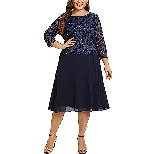 Women's Plus Size Tea Length Sequin Lace Dress Mother Gifts Special Occasion Wedding Party Dresses Blue : Clothing, Shoes & Jewelry