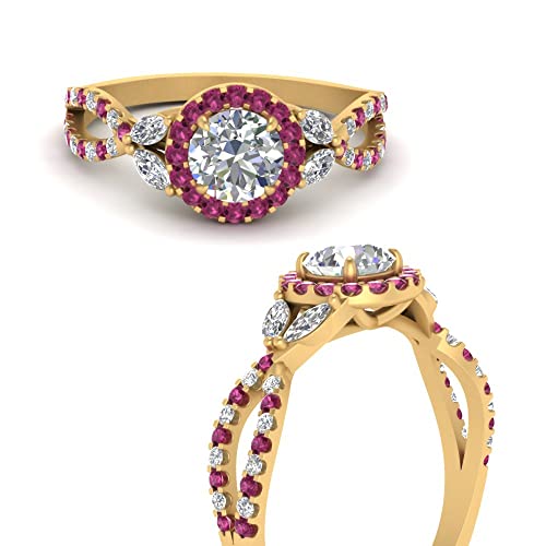 Image of Choose Your Gemstone Floral Split Shank Halo Engagement Ring Yellow Gold Plated Round Shape Split Shank Engagement Ring Lightweight Office Wear Everyday Gift Jewelry US Size 4 to 12