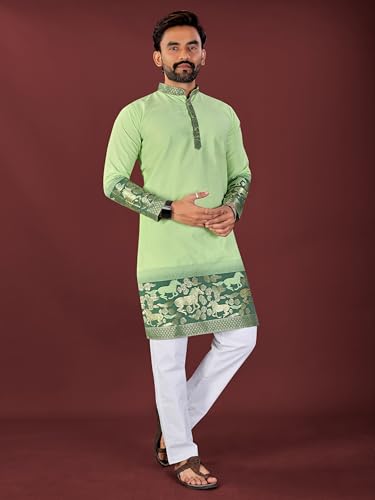Image of Men's Cotton Silk Kurta with Jacquard Work Full Sleeves Floral Printed Side Slit and Mandarin Collar Neck | Kurta Pajama Set for Men Cotton Wedding | Short Kurta for Men