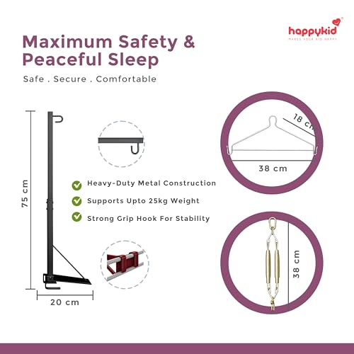 Image of Happykid Baby Cradle Set | Durable Cotton Cloth, Mosquito Net, Spring, Triangle and Window Hanger (White & Purple, Without Bed)