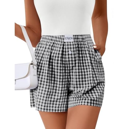 Lomon Boxer Shorts for Women Summer Gingham Pajamas 2026 Lounge Sleep Pj Plaid Shorts Y2K Beach Bottoms with Pockets
