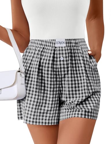 Image of LOMON Boxer Shorts for Women Summer Gingham Pajamas 2026 Lounge Sleep Pj Plaid Shorts Y2K Beach Bottoms with Pockets