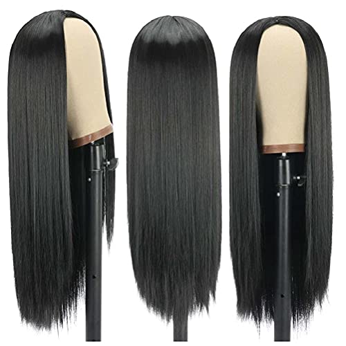 Synthetic Long Straight Wigs For Black Women Hair Replacement Wig No Bangs No Lace Middle Part Natural Looking Heat Resistant Fiber 28 Inch