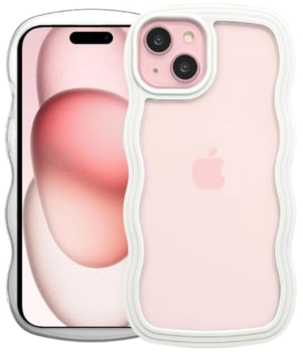 Image of GoldKart iPhone 15 Plus Case Wavy Edge Clear Back Design, Anti-Slip Grip Cute Wave Curly Frame Shape Shockproof Soft TPU & Hard PC Bumper Protective Phone Case Cover for Women Girls - White