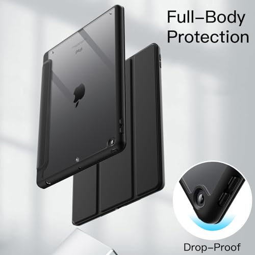 JETech iPad 10.2インチ ケース(第9/8/7世代、2021/2020/2019モデル用) Pencil収納可能 透明バックカバー 薄型 スタンド 衝撃吸収 タブレットカバー オートウェイク/スリープ機能 (ブラック)
