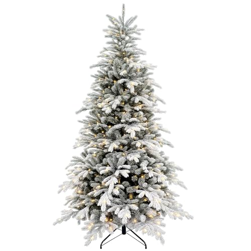 HOMCOM 7ft Prelit Snow Flocked Artificial Christmas Tree with Warm White LED Light and 1650 Tips, Metal Base, Hinged Realistic Xmas Tree