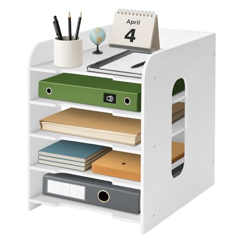 5-tier Office Filing Trays Holder with Pen Holder Letter A4 Paper Desk Organiser Desktop File Holder Stackable Document Storage Rack for Home Office School (White)