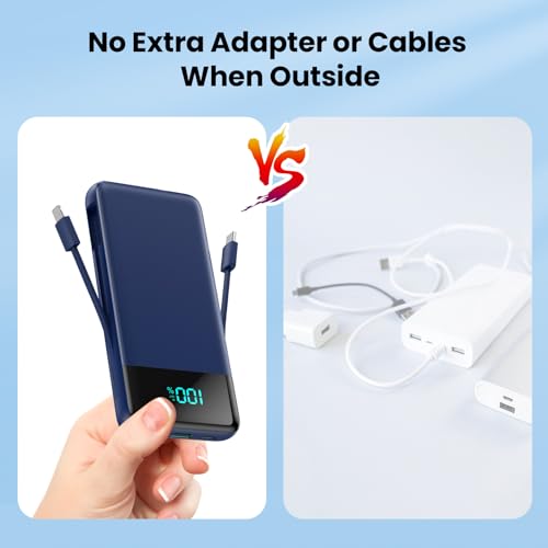 Image of Portable Charger Power Bank for iPhone with Built-in Cables and AC Wall Plug,13800mAh Ultra Slim Travel Essentials,USB C Fast Charging External Battery Pack for iPhone 17 /16 /13,Galaxy,Android- Blue