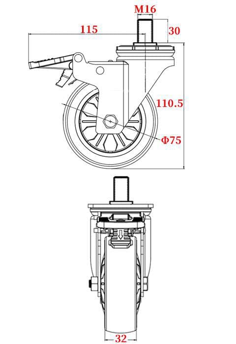 1 Piece 3 inch M10/M12/M14/M16/M20 Screw Universal Wheel with Brake Rubber Shaft Caster Pulley Silent Machine Single Load 110KG(M16- with Brakes)