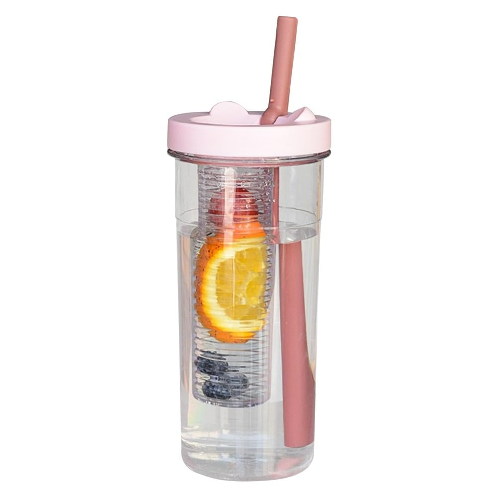 Wasserflasche mit Fruchteinsatz, faltbare Trinkflasche Strohhalm, 650 ml, for Fitnessstudio, Training, Wandern, Reisen, drinnen und draußen(Pink,670ML)