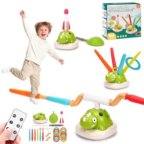 Purryegift 3 in 1 Dinosaur Rocket Launcher, Musical Spinning Jump Dinosaur Toy, Ring Toss Game & Stomp Rockets with Remote Control, Kids Indoor & Outdoor Energy Burning Toys for Boys Girls (1 Set)