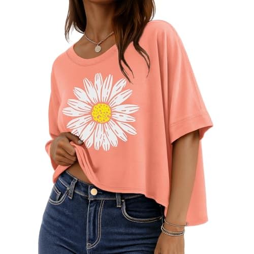 rosemia Oversized Tshirts for Women Summer Graphic Half Sleeve Crop Tops Casual Blouses, Orange White Flowers, S