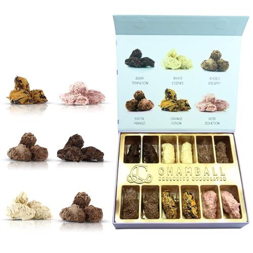 12 Trufas de Chocolate Belga Artesano con: Chocolate Blanco, Negro, Leche, Mango, Fresa y Naranja, Rocas de Chocolate ideal para Disfrutar y Regalar, Caja regalo Chocolate con Trufas Magicas CHAMBALL