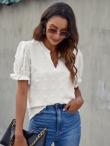 Blooming Jelly Women's Puff Sleeve Chiffon Blouses Casual Going Out Tops Solid Color Summer Shirts (White,Large) #TOP2