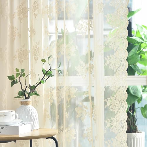 Kotile Beige Lace Kitchen Curtains 36 Inch Length 2 Panels