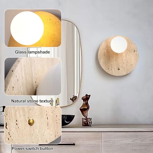 Image of Stone Wall lamp Set of 2 with Glass Lampshade Indoor Round Travertine Wall Sconce G9 Base Wall Lights Fixtures with Switch for Bedroom Living Room Bathroom Vanity