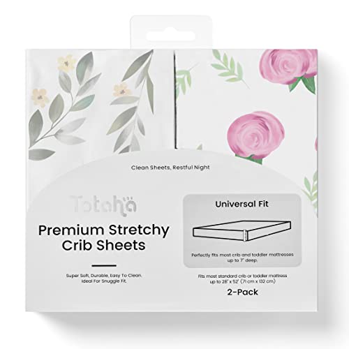 Image of TotAha Premium Stretchy Crib Sheets (2-Pack)-Hypoallergenic, Silky Comfort, Buttery Soft, Calming Effect, All-Season Jersey-Knit Sheets, 9'' Extra Deep Pocket (Pink Buds & Green Leaves)